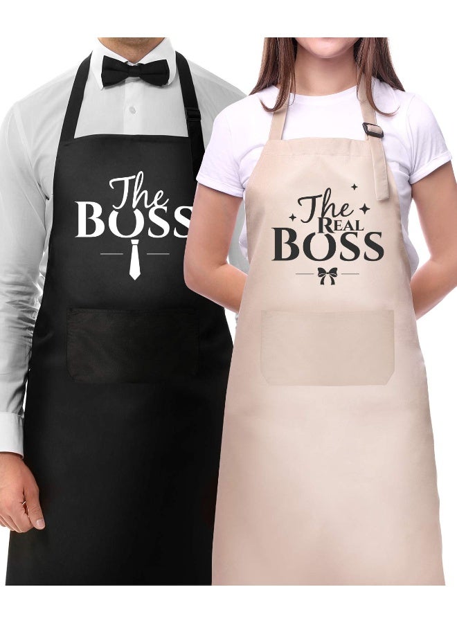 Genrics Couple Aprons for Cooking-The Boss The Real Boss Apron Set Funny Adjustable Baking Aprons His and Her Engagement Anniversary Wedding Valentines Day Bridal Shower Gift - Image 1